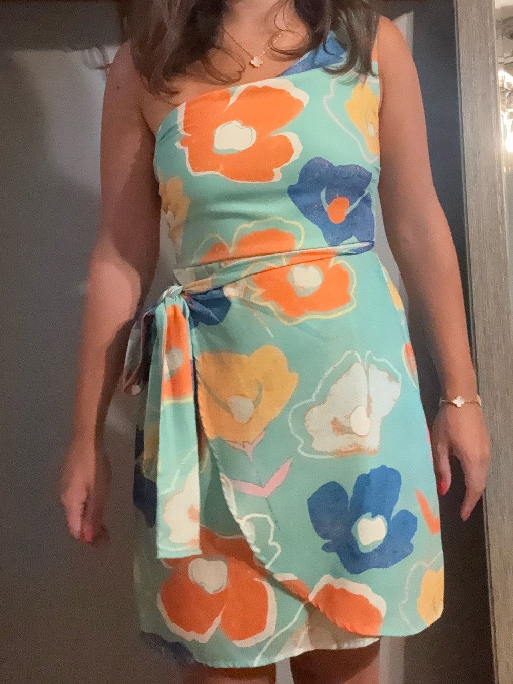 Peach Love California Aqua Floral One-Shoulder Tie-Waist Dress